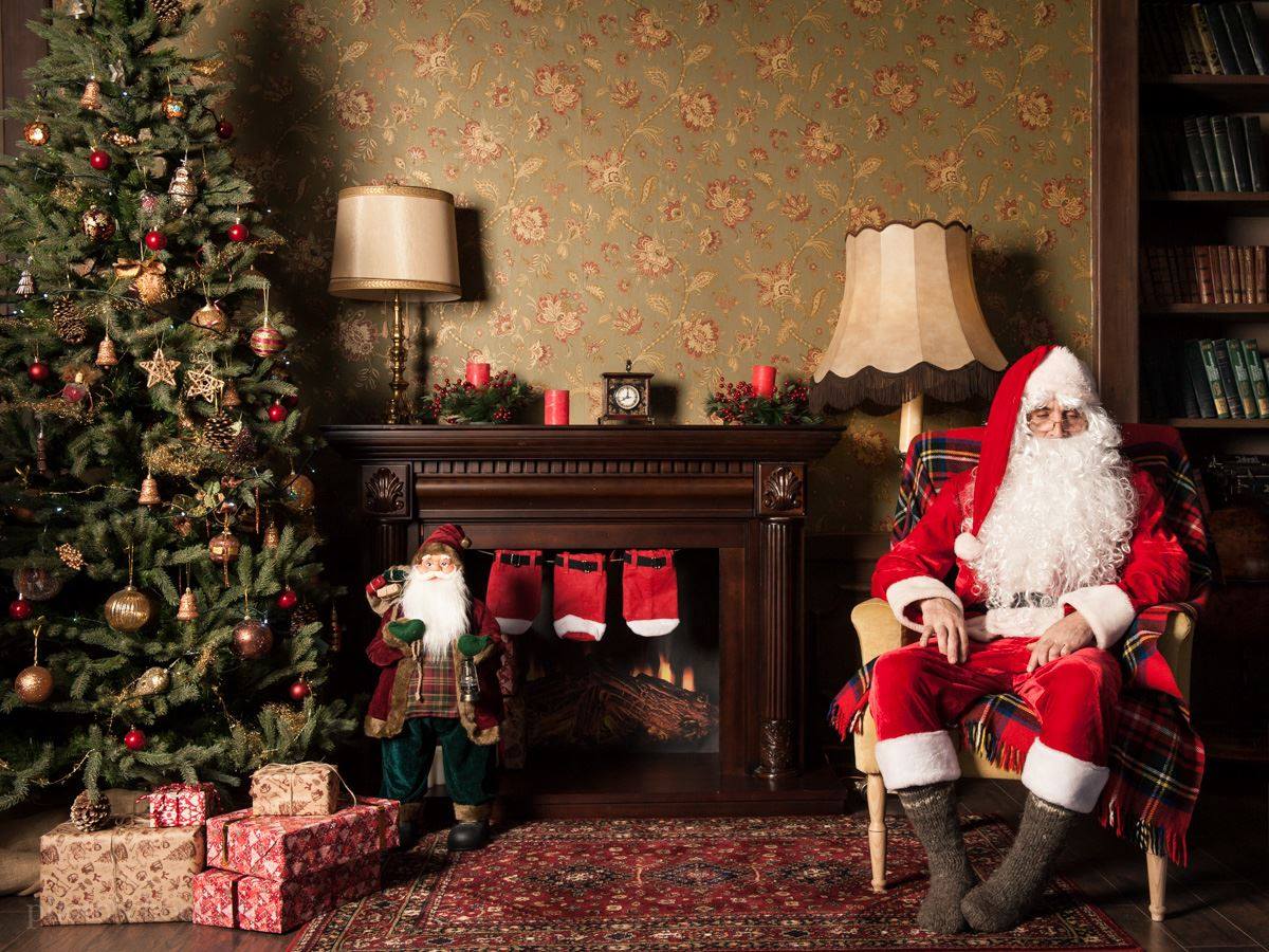 Санта у камина и елки ждет детей в гости